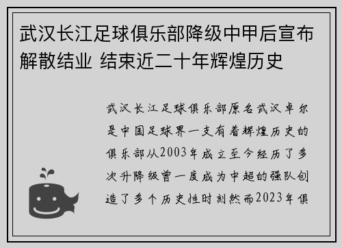 武汉长江足球俱乐部降级中甲后宣布解散结业 结束近二十年辉煌历史 武汉长江足球俱乐部降级中甲后宣布解散结业 结束近二十年辉煌历史